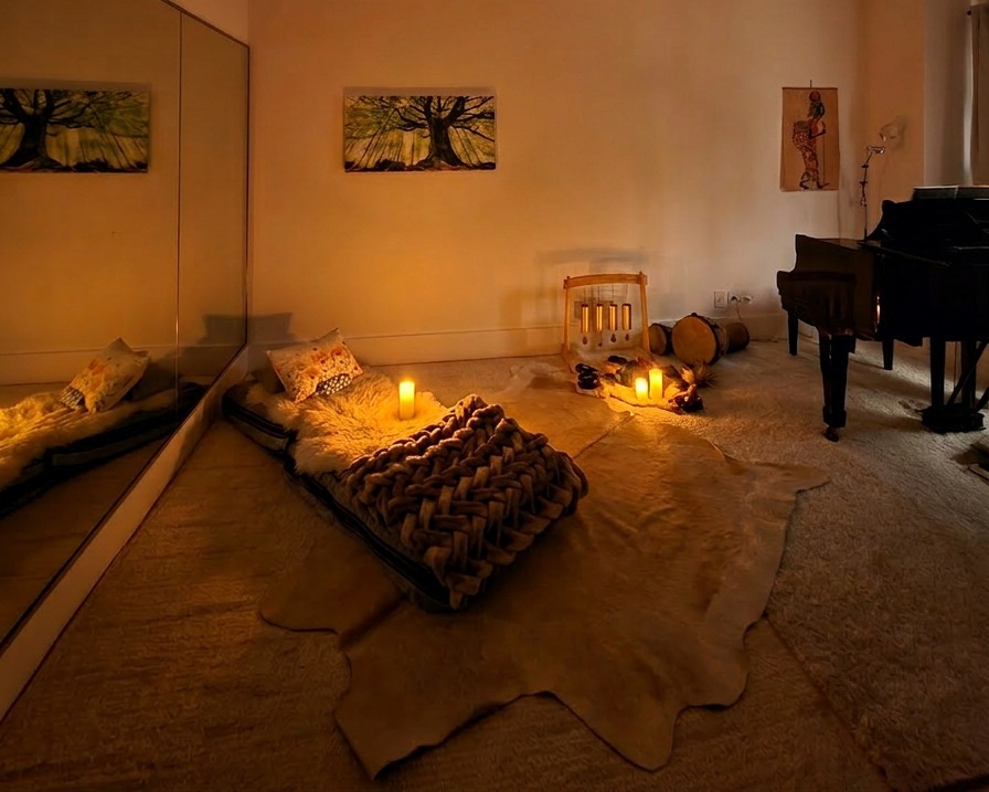 The ceremony room at IXCHEL: a sheepskin-covered mat on a hide rug, low cushions, chimes, a hand drum, tree paintings, and a grand piano in the corner.