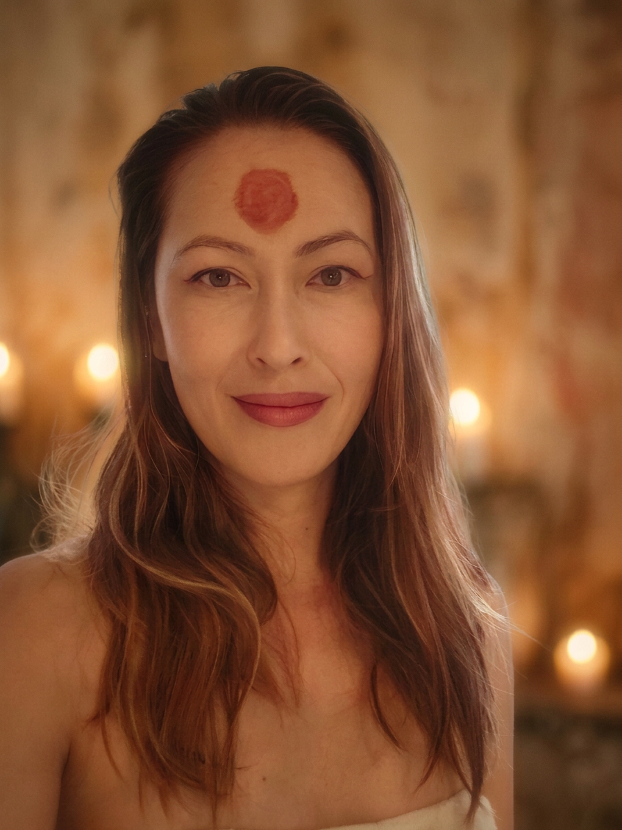 Portrait of Ixchel Kinloch, founder of IXCHEL Spiritual Clinic, with a red ceremonial mark on her forehead.