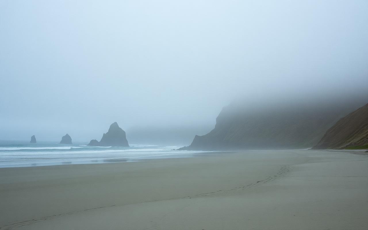 Big Sur coastline at dusk with golden fog rolling over dark cliffs.