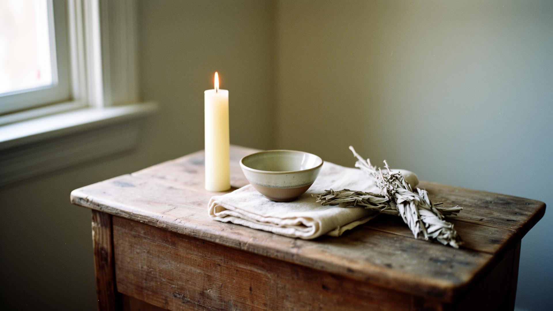 A simple wooden altar in soft daylight — beeswax candle, ceramic bowl, folded linen, and a sprig of dried sage.