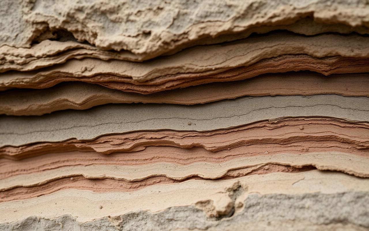 Layered sediment strata in earth tones with veins of gold light.