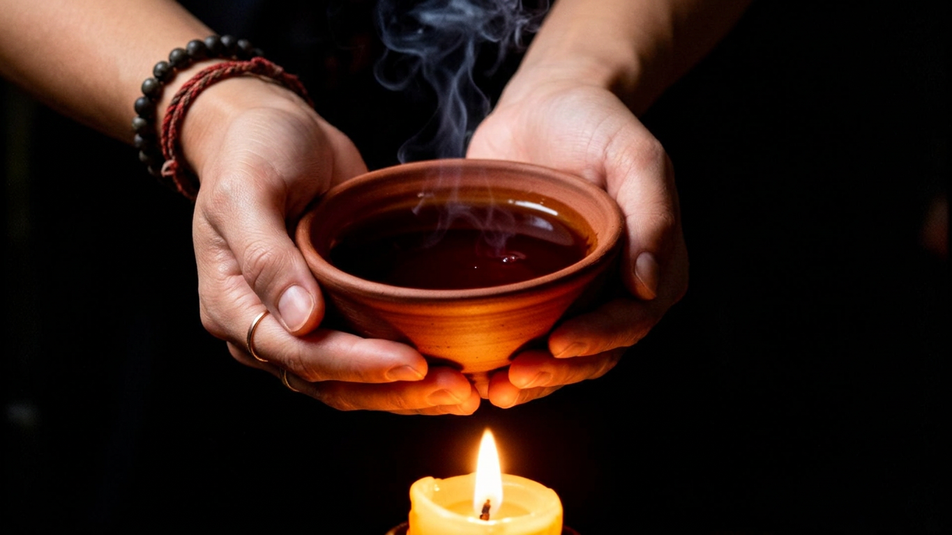 Two hands with a beaded bracelet cradling a small clay bowl of steaming dark tea above a single candle flame.